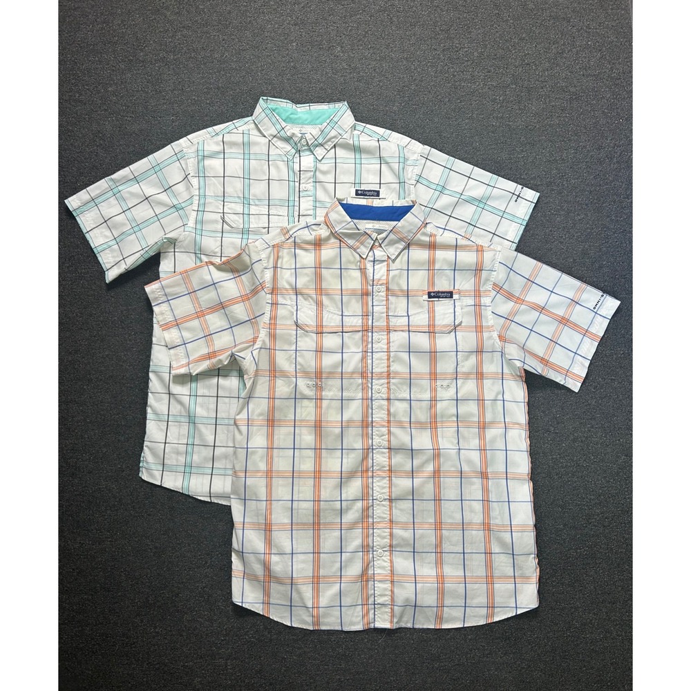 Columbia PFG Fishing Shirts White Plaid Mens Large Short Sleeve Outdoor Fishing